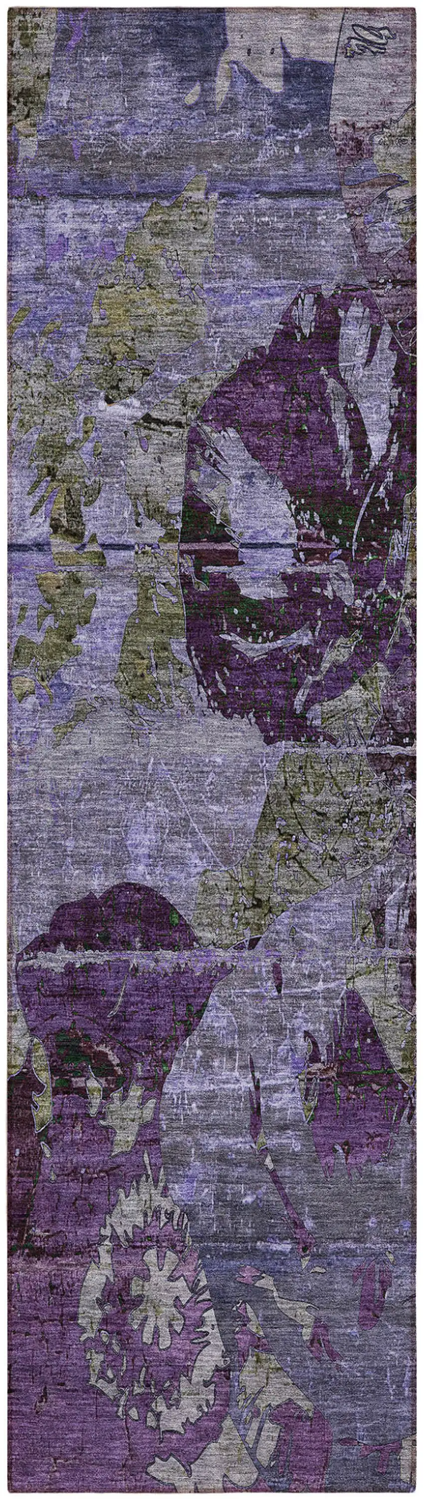 8' Runner Purple and Green Abstract Washable Indoor Outdoor Runner Rug Photo 1