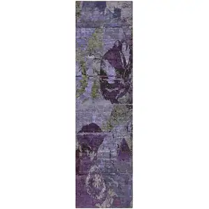 Photo of 8' Runner Purple and Green Floral Washable Non Skid Indoor Outdoor Runner Rug