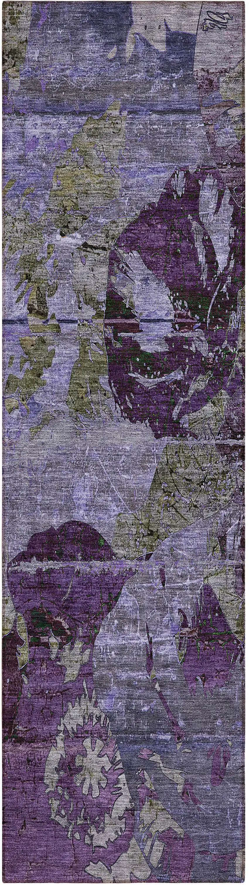8' Runner Purple and Green Abstract Washable Indoor Outdoor Runner Rug Photo 1