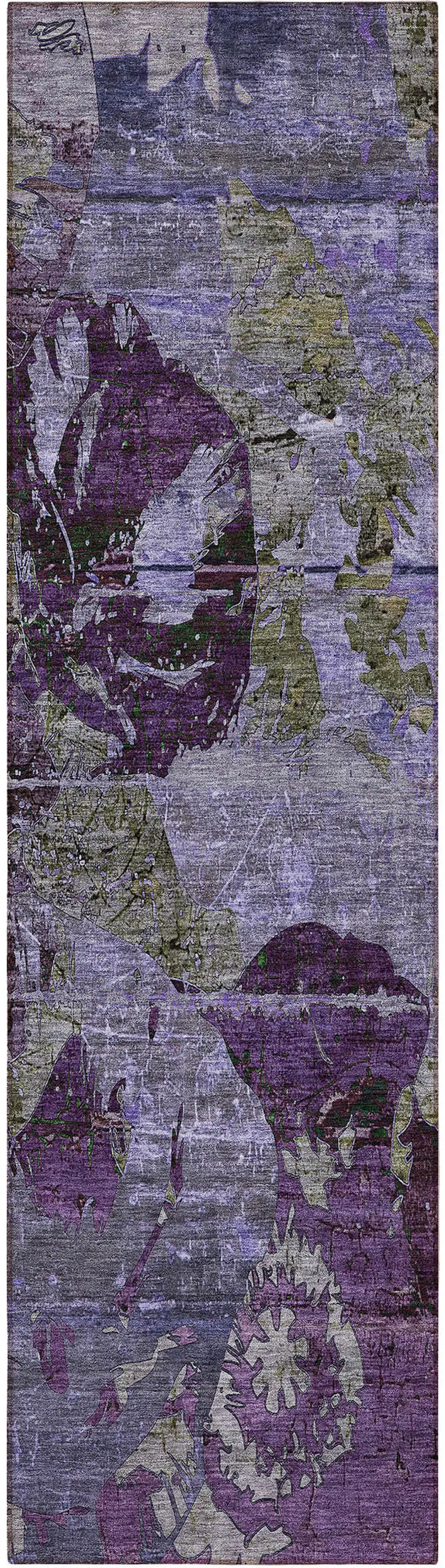 8' Runner Purple and Green Floral Washable Non Skid Indoor Outdoor Runner Rug Photo 3