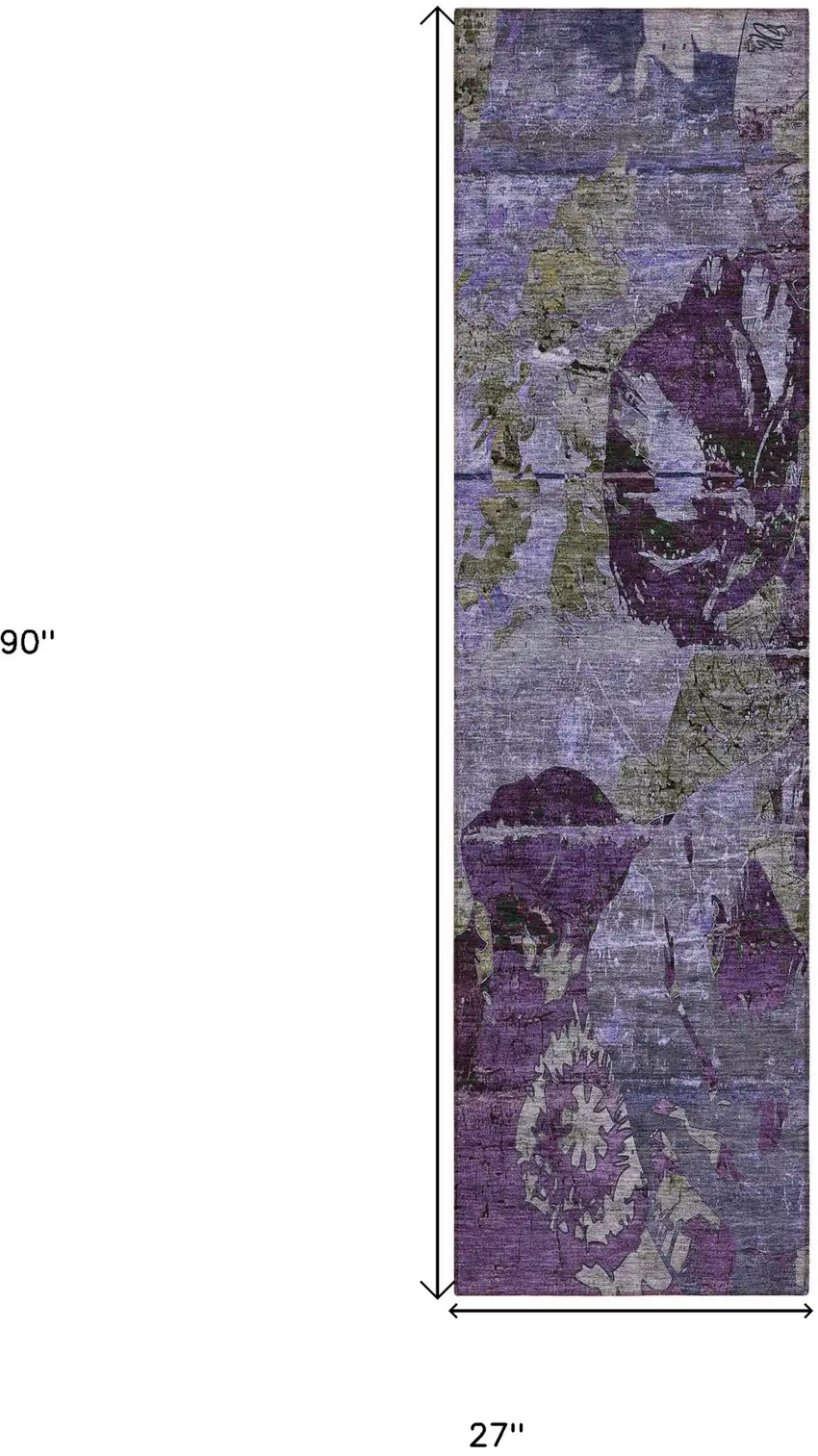 Purple and Green Abstract Washable Indoor Outdoor Runner Rug Photo 3
