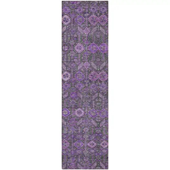 8' Purple And Green Floral Washable Indoor Outdoor Runner Rug Photo 5