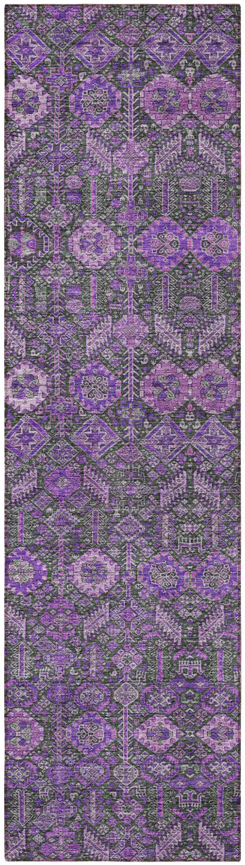 8' Purple And Green Floral Washable Indoor Outdoor Runner Rug Photo 5