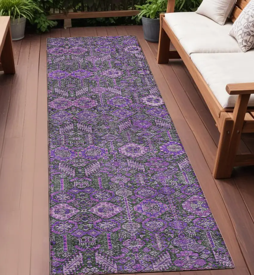 8' Runner Purple and Green Floral Washable Non Skid Indoor Outdoor Runner Rug Photo 1