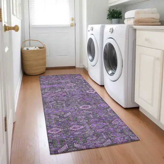 Purple and Green Floral Washable Non Skid Indoor Outdoor Runner Rug Photo 9