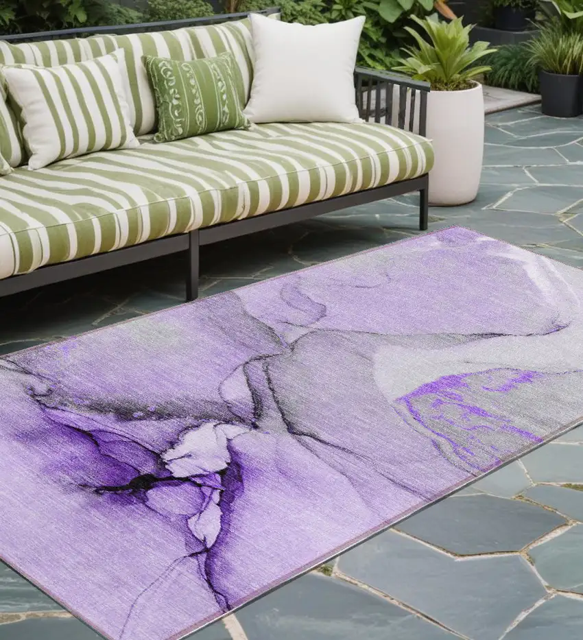 Purple and Ivory Abstract Washable Non Skid Indoor Outdoor Runner Rug Photo 1