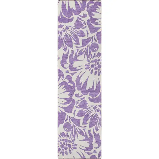 8' Runner Purple and Ivory Floral Washable Non Skid Indoor Outdoor Runner Rug Photo 4