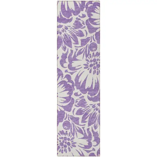 Purple and Ivory Floral Washable Non Skid Indoor Outdoor Runner Rug Photo 5
