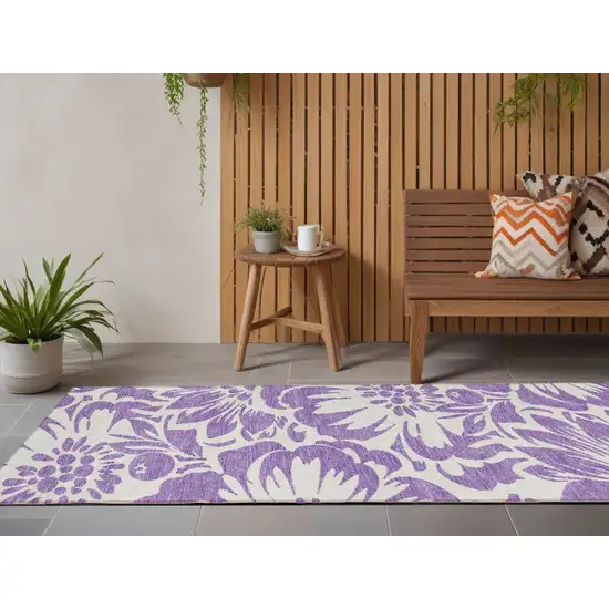 8' Runner Purple and Ivory Floral Washable Non Skid Indoor Outdoor Runner Rug Photo 1