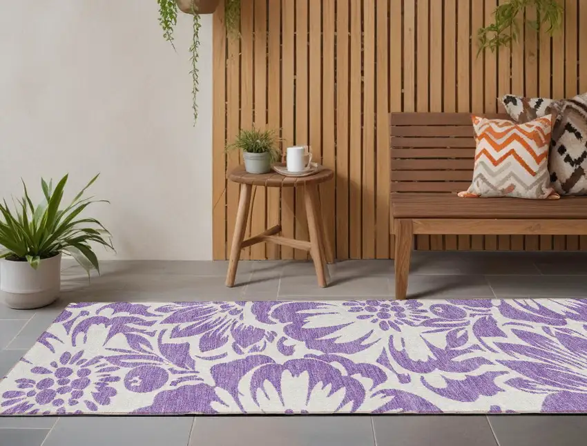 8' Runner Purple and Ivory Floral Washable Non Skid Indoor Outdoor Runner Rug Photo 1