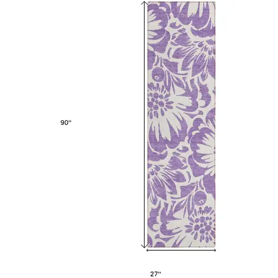 Purple and Ivory Floral Washable Non Skid Indoor Outdoor Runner Rug Photo 3