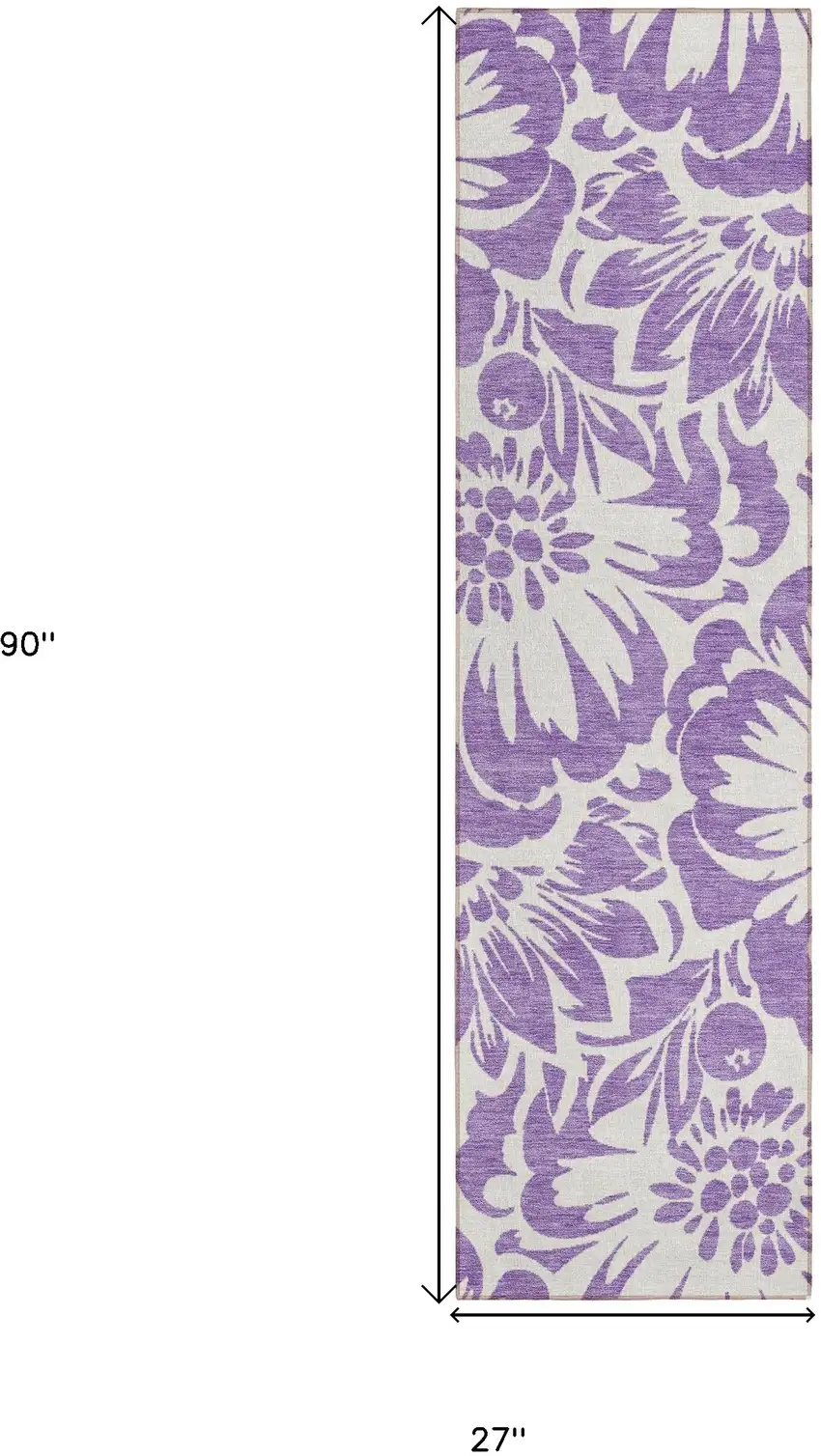 Purple and Ivory Floral Washable Non Skid Indoor Outdoor Runner Rug Photo 3