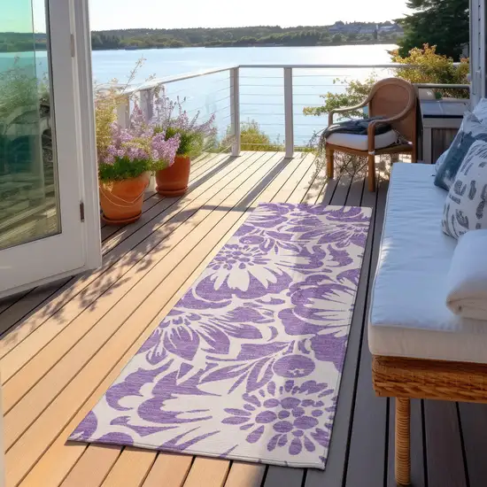 Purple and Ivory Floral Washable Non Skid Indoor Outdoor Runner Rug Photo 8