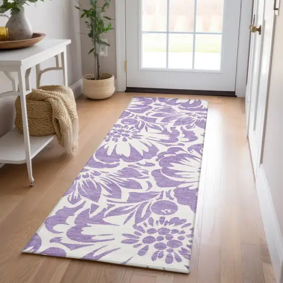 Purple and Ivory Floral Washable Non Skid Indoor Outdoor Runner Rug Photo 9
