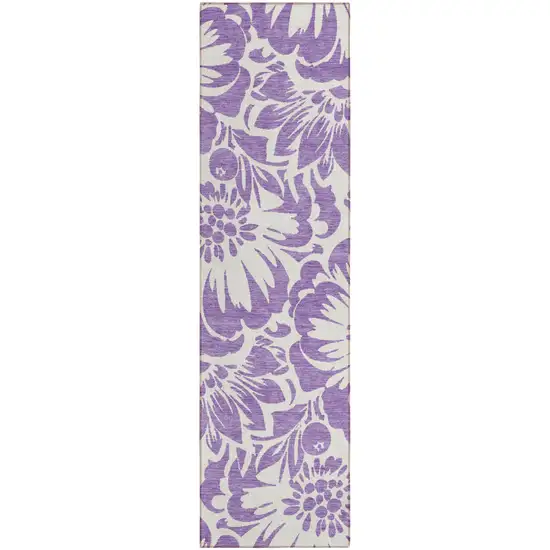 Purple and Ivory Floral Washable Non Skid Indoor Outdoor Runner Rug Photo 2
