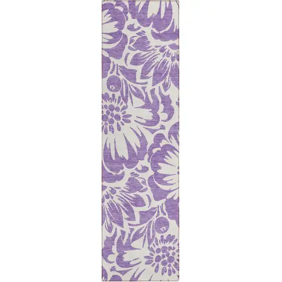 Purple and Ivory Floral Washable Non Skid Indoor Outdoor Runner Rug Photo 2