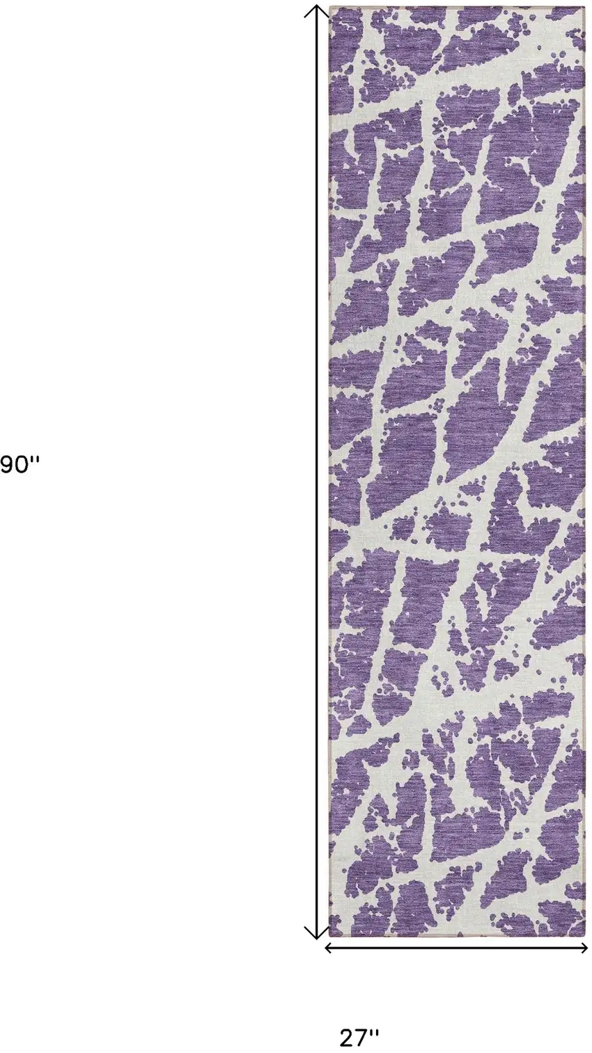 8' Runner Purple and White Abstract Washable Non Skid Indoor Outdoor Runner Rug Photo 3