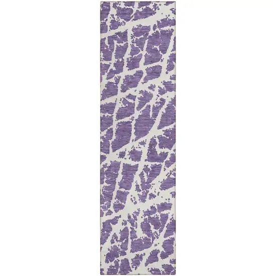 8' Runner Purple and White Abstract Washable Non Skid Indoor Outdoor Runner Rug Photo 2