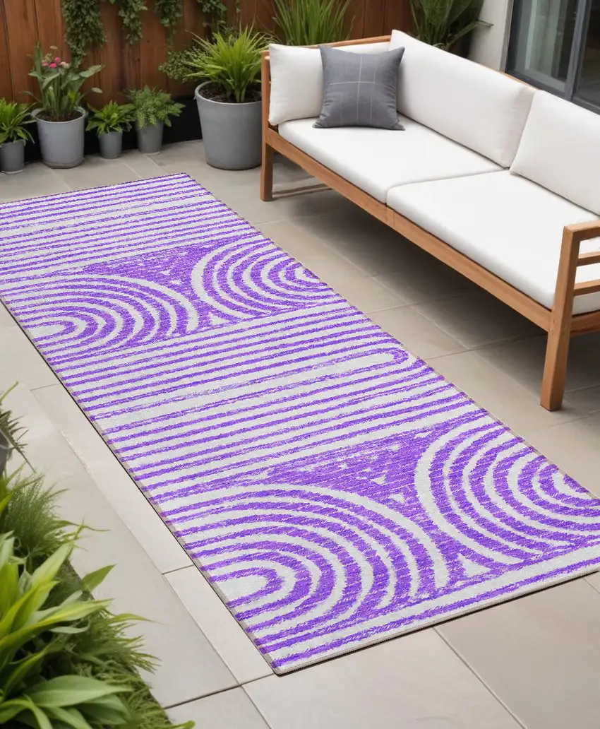 Purple and White Abstract Washable Non Skid Indoor Outdoor Runner Rug Photo 1