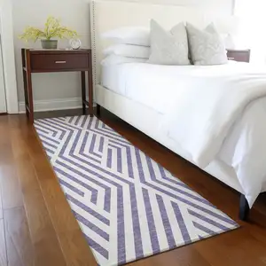 Photo of 8' Runner Purple and White Geometric Washable Non Skid Indoor Outdoor Runner Rug