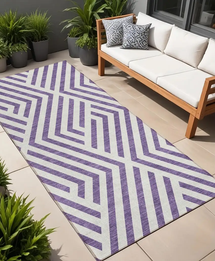 Purple and White Geometric Washable Non Skid Indoor Outdoor Runner Rug Photo 1