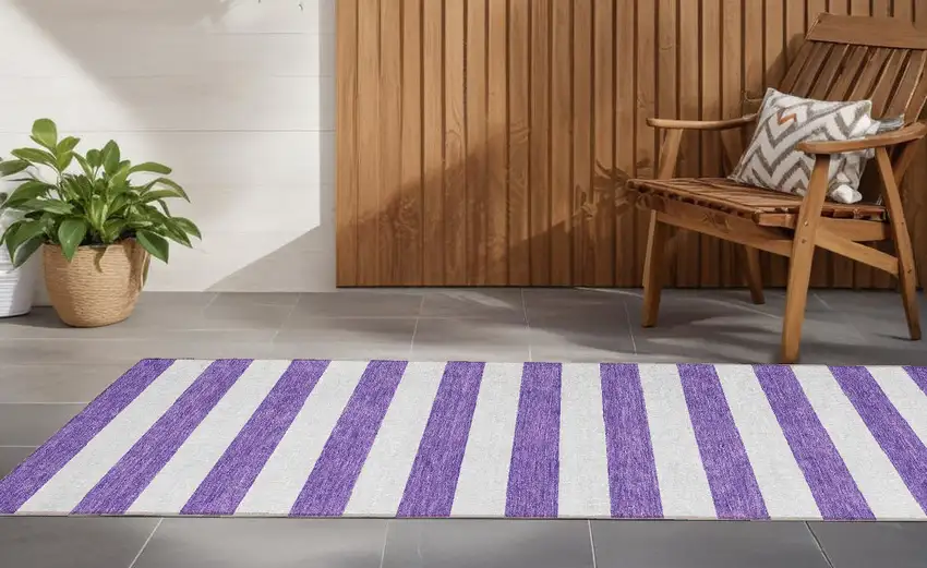 Purple and White Striped Washable Non Skid Indoor Outdoor Runner Rug Photo 1