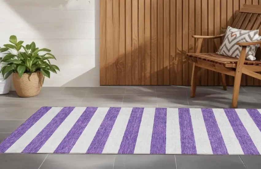 Purple and White Striped Washable Non Skid Indoor Outdoor Runner Rug Photo 1
