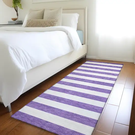 Purple and White Striped Washable Non Skid Indoor Outdoor Runner Rug Photo 9