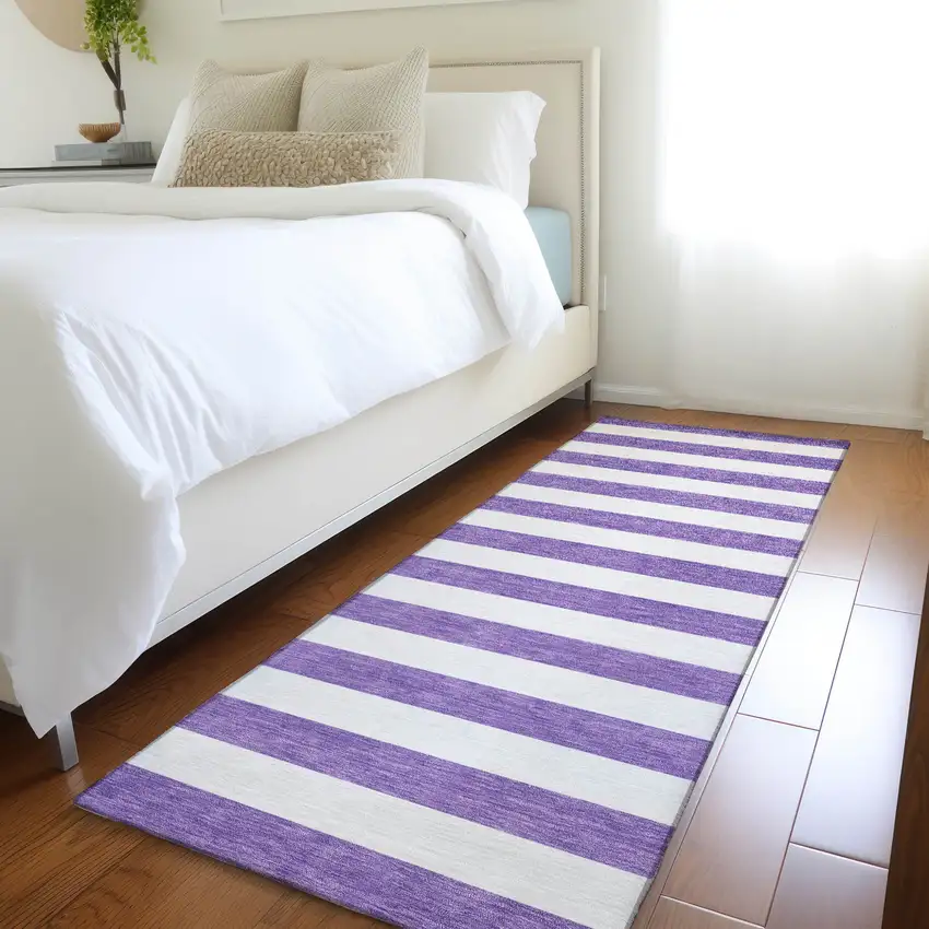 Purple and White Striped Washable Non Skid Indoor Outdoor Runner Rug Photo 9