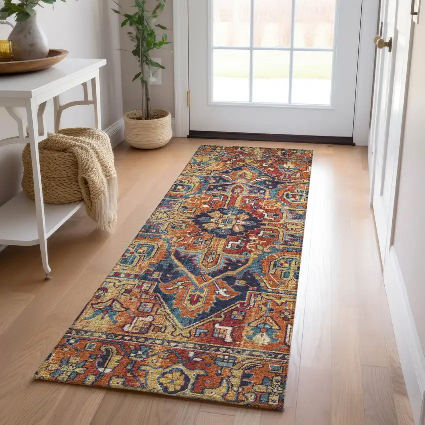 8' Red Orange And Blue Oriental Washable Indoor Outdoor Runner Rug Photo 9
