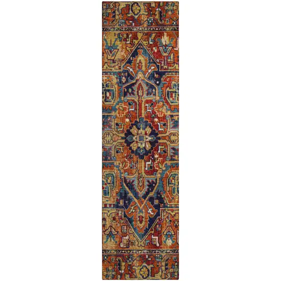 8' Runner Red Orange and Blue Oriental Washable Non Skid Indoor Outdoor Runner Rug Photo 2
