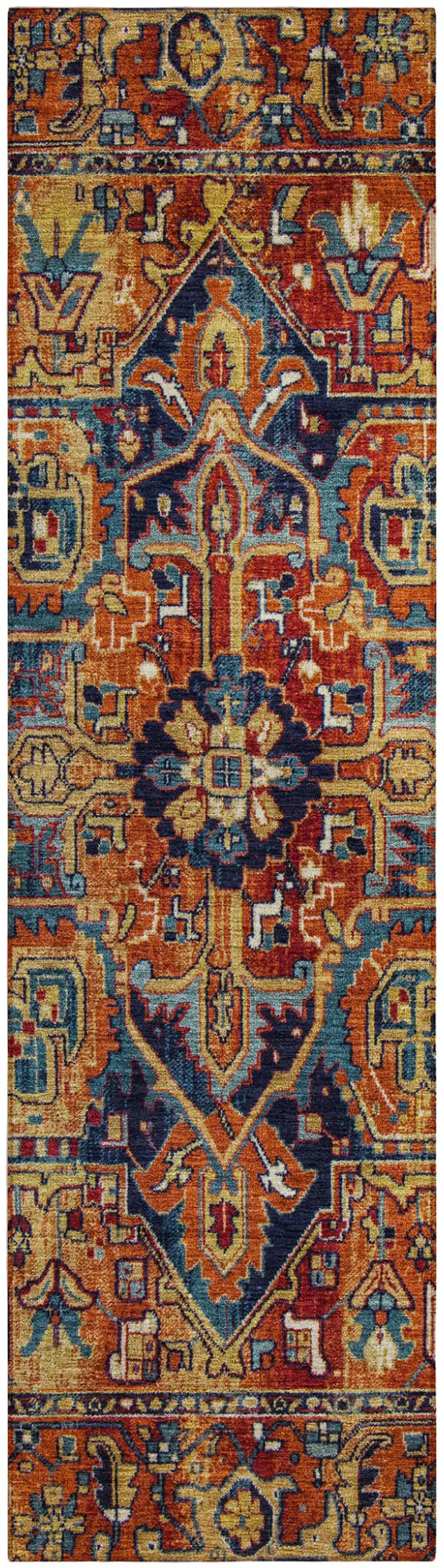 8' Runner Red Orange and Blue Oriental Washable Non Skid Indoor Outdoor Runner Rug Photo 2