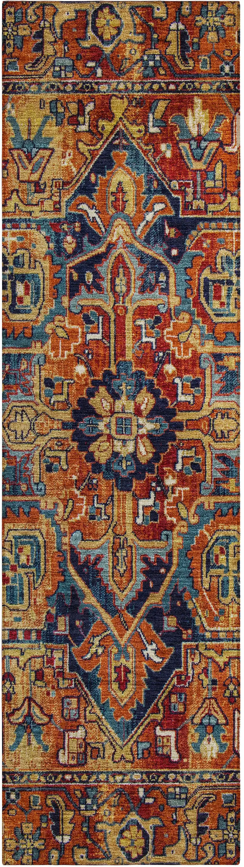 8' Runner Red Orange and Blue Oriental Washable Non Skid Indoor Outdoor Runner Rug Photo 2