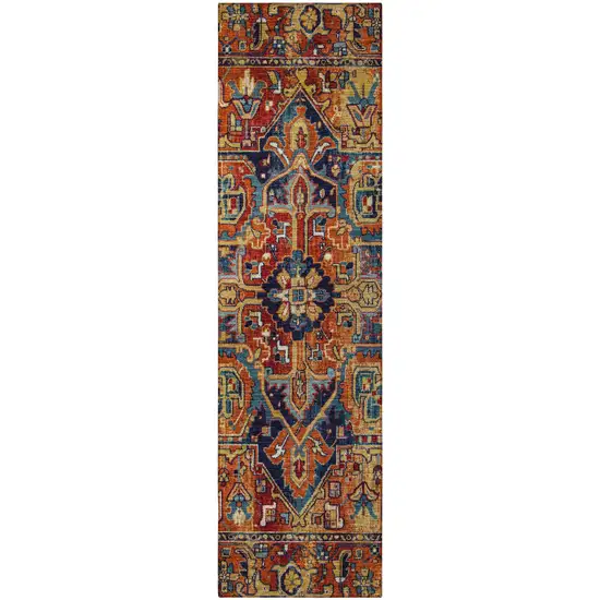 8' Runner Red Orange and Blue Oriental Washable Non Skid Indoor Outdoor Runner Rug Photo 4