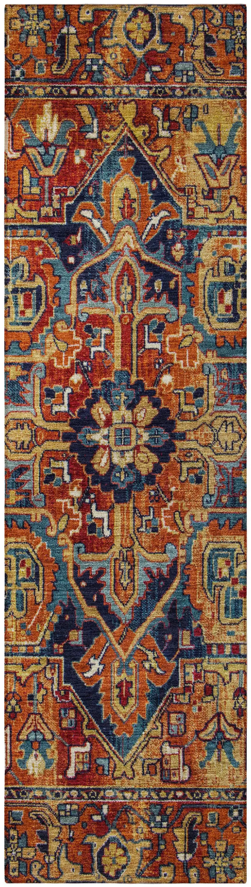 8' Runner Red Orange and Blue Oriental Washable Non Skid Indoor Outdoor Runner Rug Photo 4