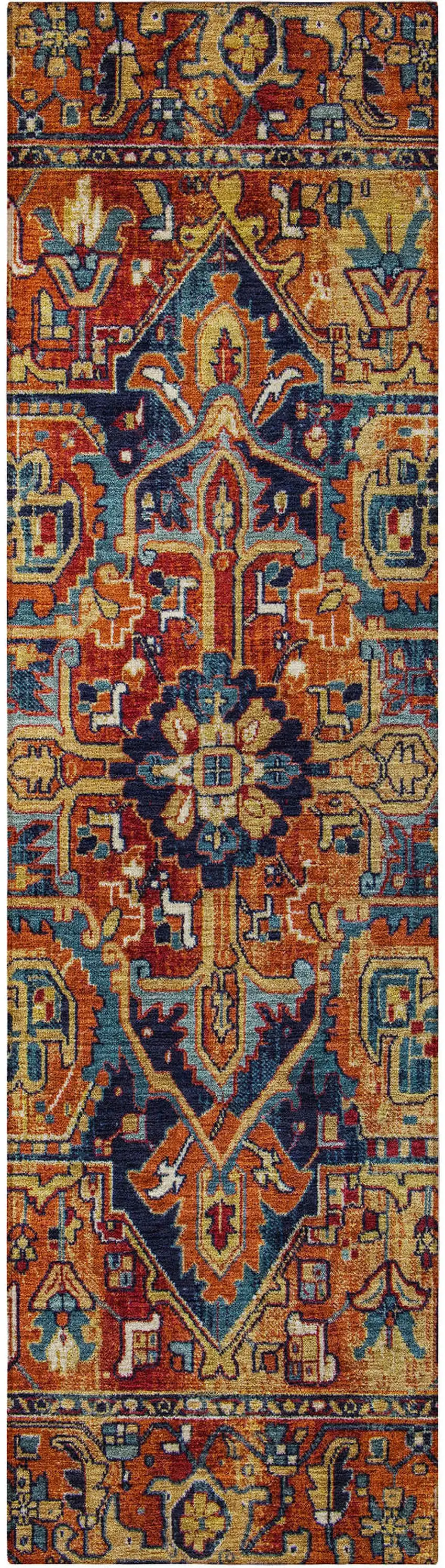 8' Runner Red Orange and Blue Oriental Washable Non Skid Indoor Outdoor Runner Rug Photo 4