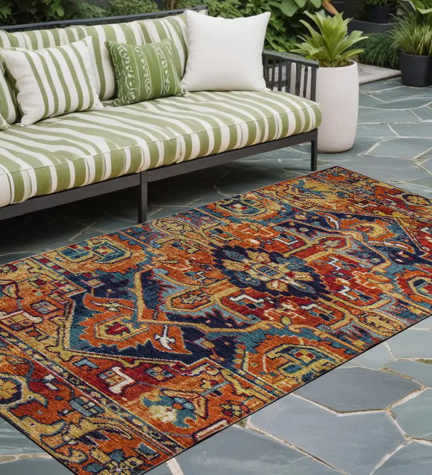 8' Runner Red Orange and Blue Oriental Washable Non Skid Indoor Outdoor Runner Rug Photo 1