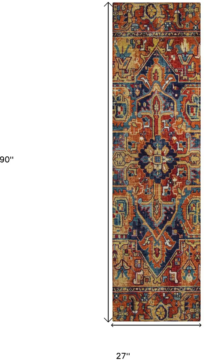 8' Runner Red Orange and Blue Oriental Washable Non Skid Indoor Outdoor Runner Rug Photo 3