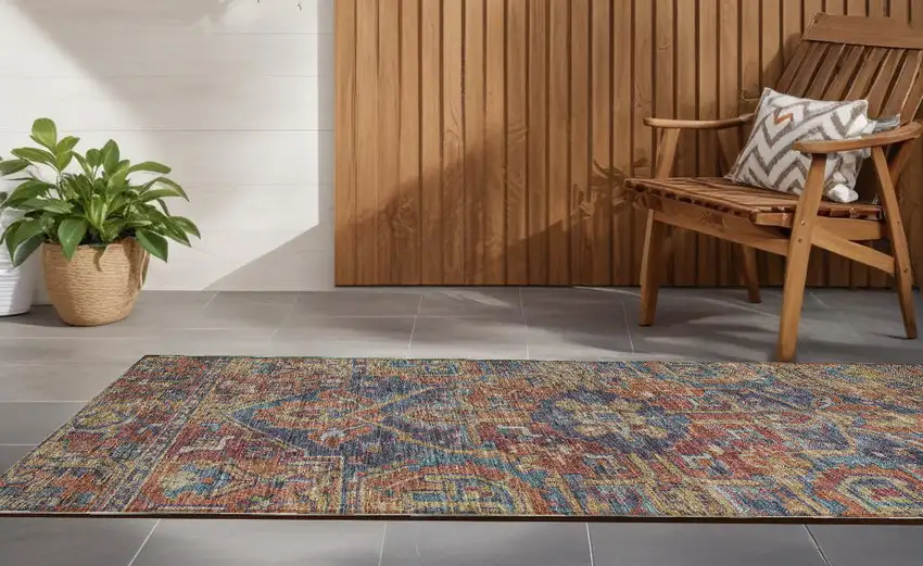 8' Runner Red Orange and Blue Oriental Washable Non Skid Indoor Outdoor Runner Rug Photo 1