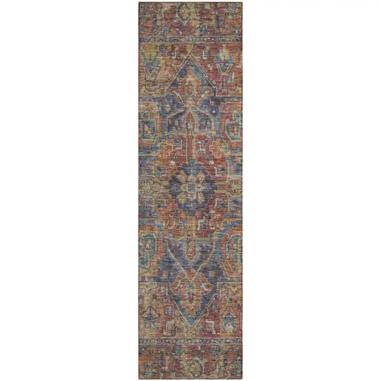 8' Runner Red Orange and Blue Oriental Washable Non Skid Indoor Outdoor Runner Rug Photo 2