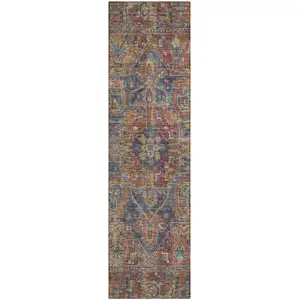 Photo of 8' Runner Red Orange and Blue Oriental Washable Non Skid Indoor Outdoor Runner Rug
