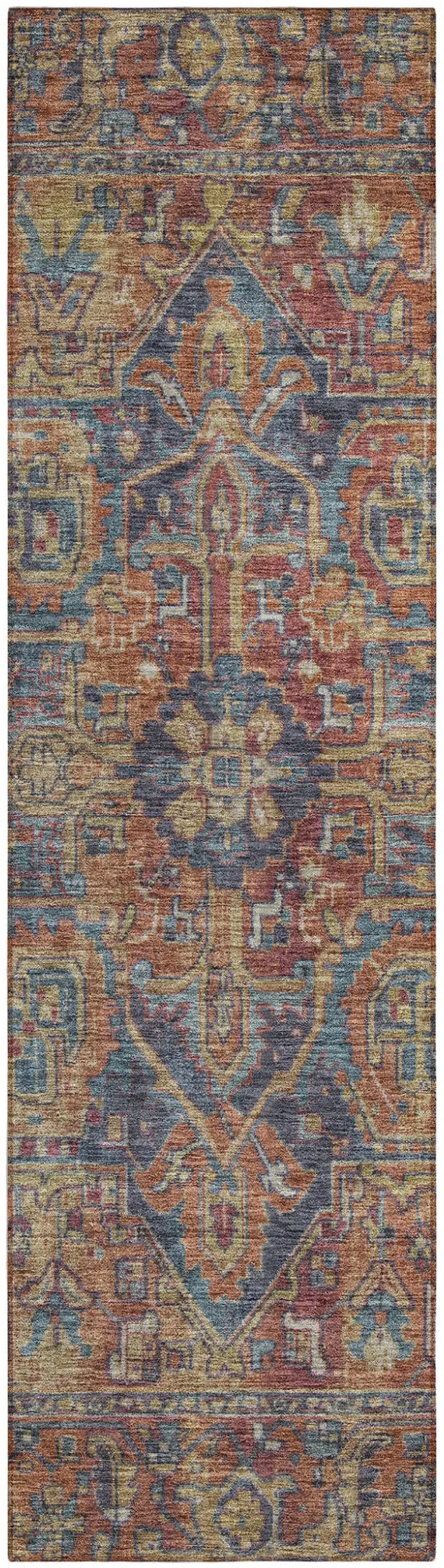 8' Runner Red Orange and Blue Oriental Washable Non Skid Indoor Outdoor Runner Rug Photo 2