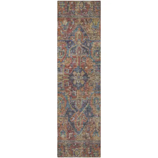8' Runner Red Orange and Blue Oriental Washable Non Skid Indoor Outdoor Runner Rug Photo 5