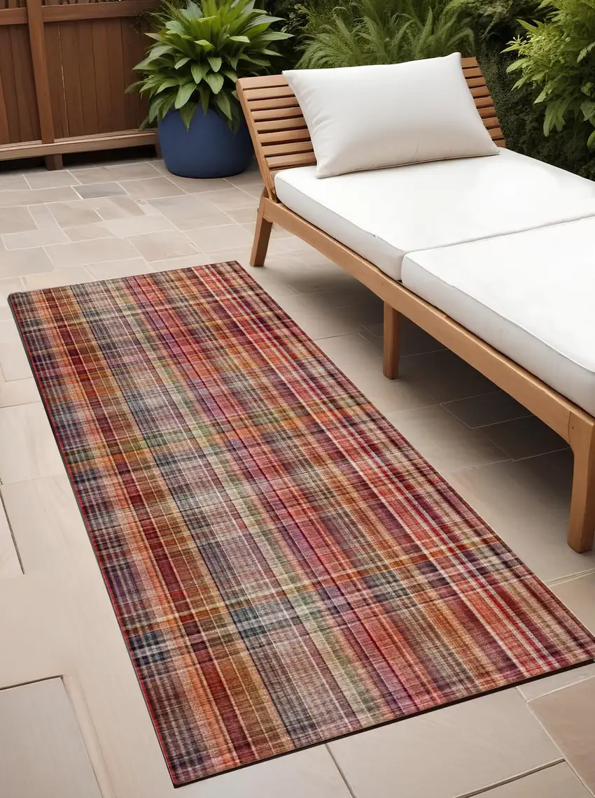 8' Runner Red Plaid Washable Non Skid Indoor Outdoor Runner Rug Photo 1
