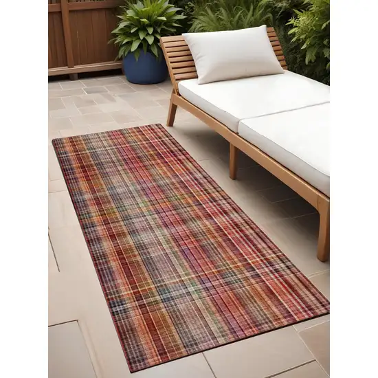 Red Plaid Washable Non Skid Indoor Outdoor Runner Rug Photo 1