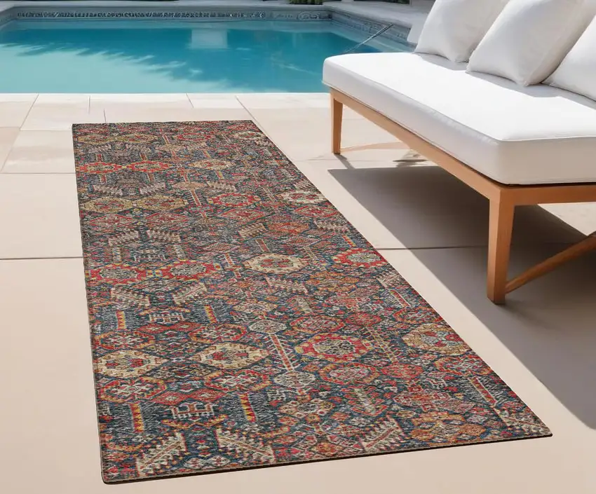 Red and Dark Blue Floral Washable Non Skid Indoor Outdoor Runner Rug Photo 1