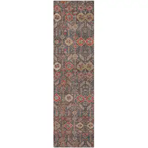 Photo of 8' Runner Red and Dark Blue Floral Washable Non Skid Indoor Outdoor Runner Rug