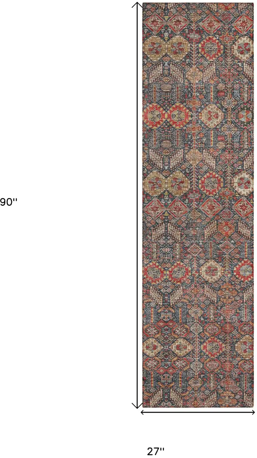 Red and Dark Blue Floral Washable Non Skid Indoor Outdoor Runner Rug Photo 3