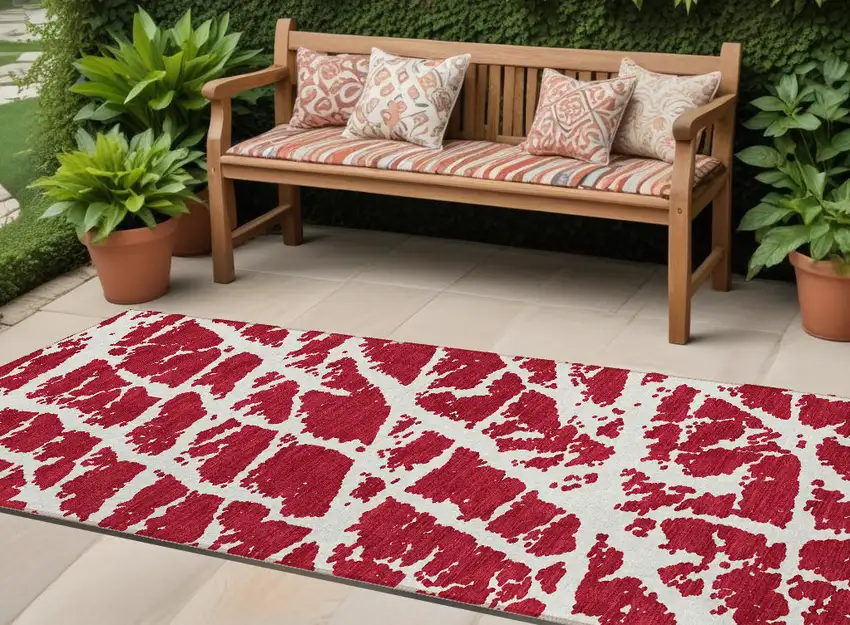 Red and White Abstract Washable Non Skid Indoor Outdoor Runner Rug Photo 1