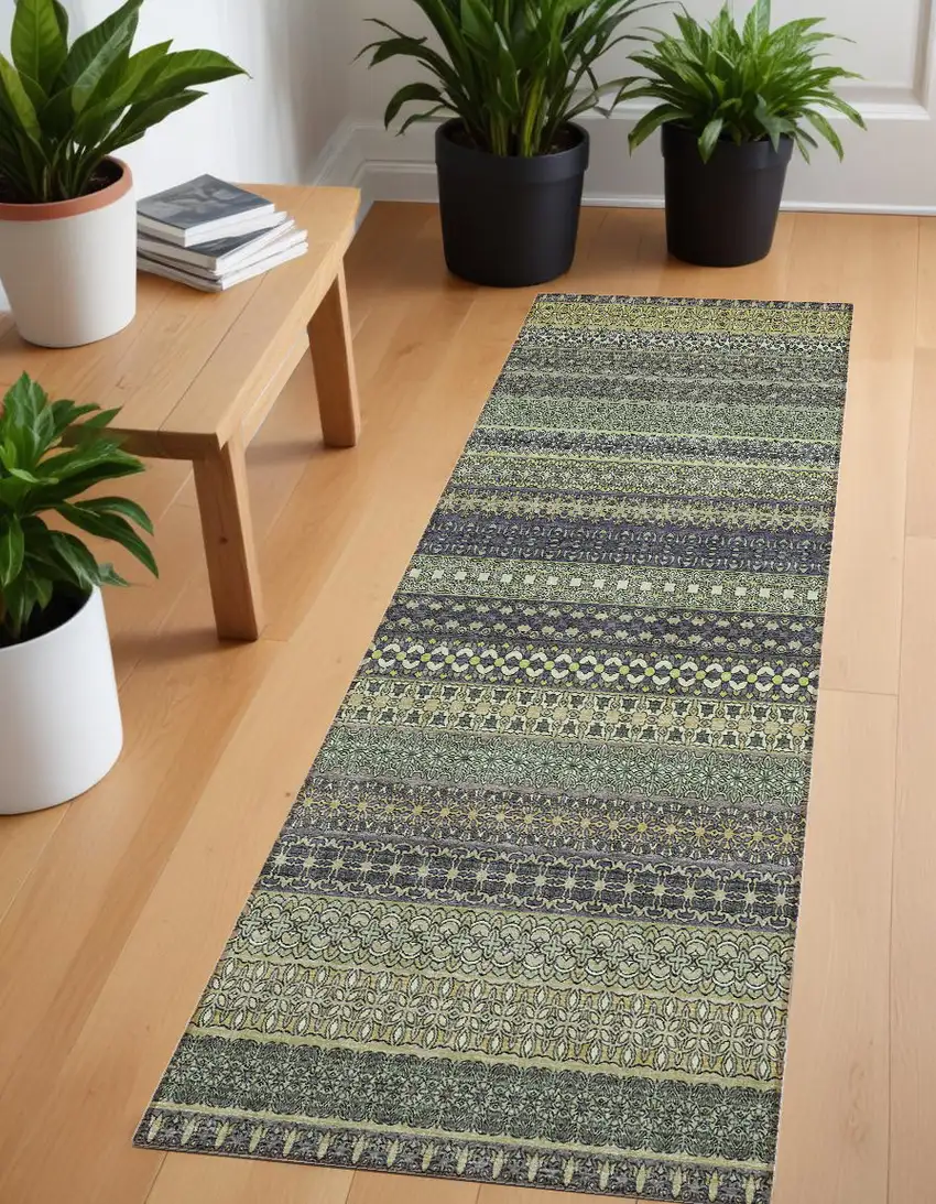 Sage Striped Washable Non Skid Indoor Outdoor Runner Rug Photo 8